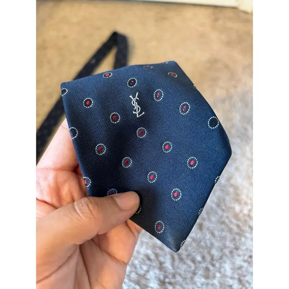 Yves Saint Laurent navy blue red dots tie - Picture 2 of 8